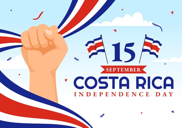 Feliz Día de la Independencia de Costa Rica Ilustración vectorial con fondo de bandera ondeante y confeti