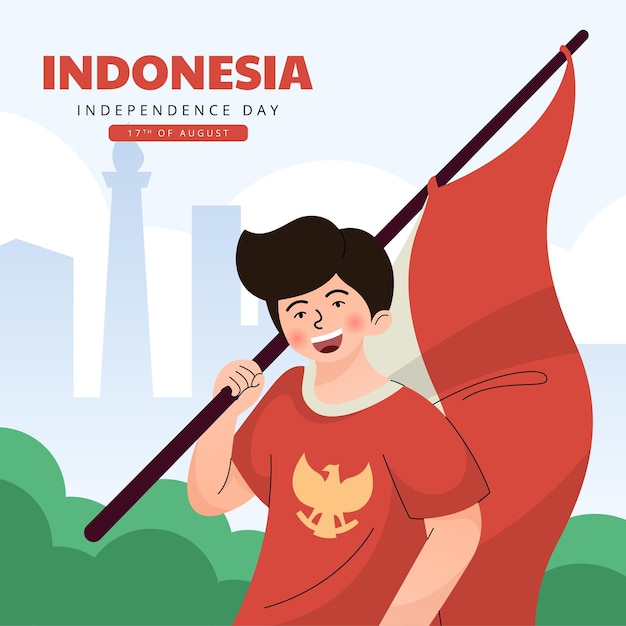 Feliz día de la independencia de Indonesia banner con dibujos animados felices