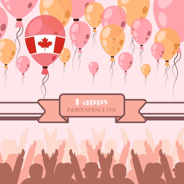 Feliz día de la independencia. Tarjeta Día de Canadá con muchos globos, mucha gente. Fiesta del primero de julio