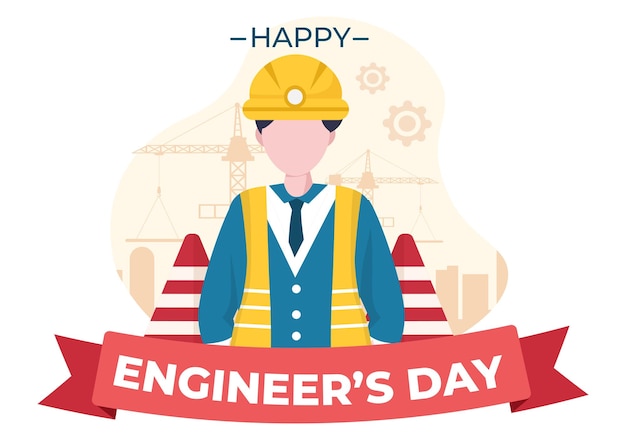 Feliz Día del Ingeniero Ilustración Conmemorativa para Ingeniero con Trabajador y Herramientas de Dibujos Animados Planos