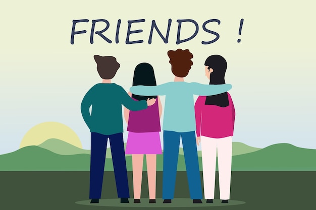 Feliz día internacional de la amistad tarjeta de felicitación vista posterior de la ilustración del grupo de amigos
