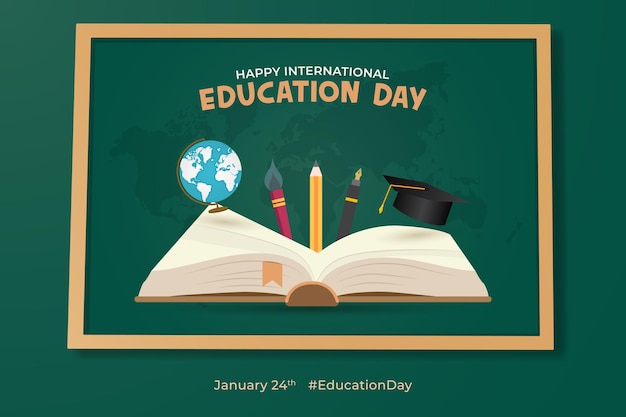 Feliz Día Internacional de la Educación 24 de enero con ilustración de pizarra verde