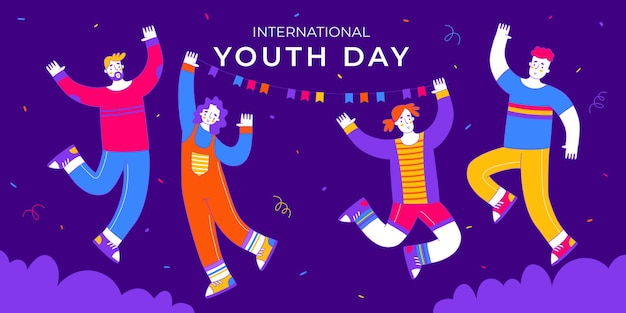 Feliz día internacional de la juventud con el niño y la niña saltando ilustración