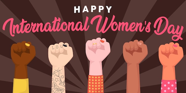 Feliz Día Internacional de la Mujer. Puños de mujer levantados abrazando el poder de las mujeres.