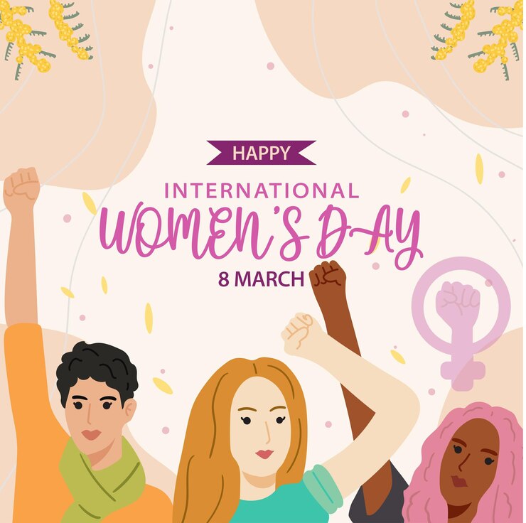feliz día internacional de la mujer con símbolos de puño flores de mimosa y vector de puño