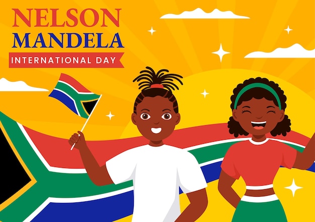 Feliz Día Internacional de Nelson Mandela Ilustración el 18 de julio con la bandera de Sudáfrica y los niños