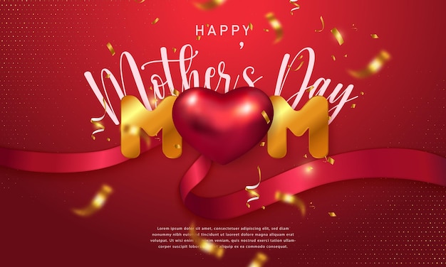 Feliz día de la madre 3d corazón de amor rojo y cinta dorada