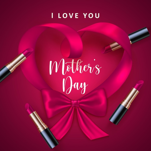 Feliz día de la madre 3d rojo rosa amor corazón cinta y lápiz labial cosmético realista