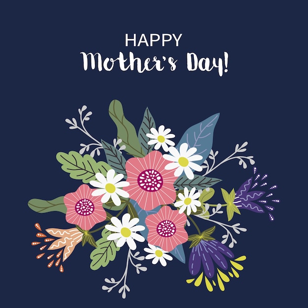 Feliz día de la madre, concepto de diseño de dibujo a mano floral, ramo de flores con texto