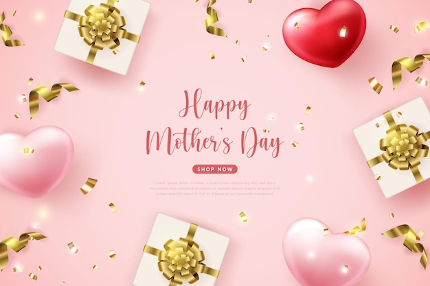 Feliz día de la madre corazón de amor rosa rojo y caja de regalo con flor de cinta dorada