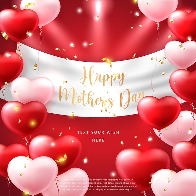 Feliz día de la madre globo de corazón de amor rojo y rosa 3d y foco de cinta dorada