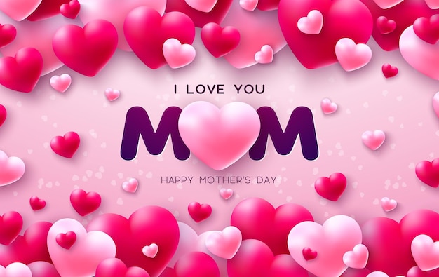 Feliz Día de la Madre Ilustración con Corazón y Te Amo Mamá Tipografía Letras sobre Fondo Rosa