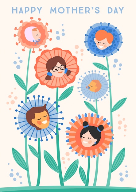 Feliz día de la madre, ilustración con niños en flores.