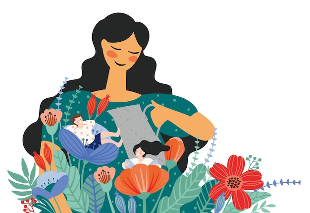 Feliz día de la madre ilustración vectorial con mujeres y niños en flores elemento de diseño