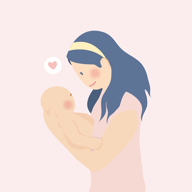 Feliz día de la madre, madre abrazo abrazo bebé lleno de amor con banner y fondo de flor de durazno rosa