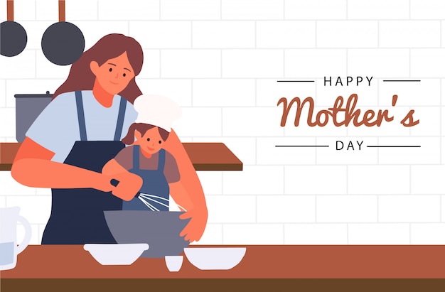 Feliz día de la madre con madre e hija cocinando juntos en la cocina