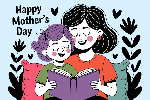 Feliz Día de la Madre Madre e hija leyendo juntos