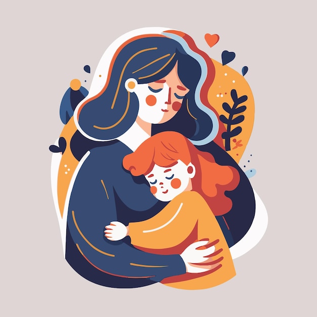 Feliz Día de la Madre, mamá, abrazo, encantador, bebé, floral, plano de fondo, vector, plano, estilo