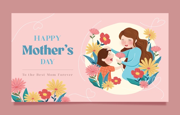 Vector feliz día de la madre con mamá hija bouquet banner vector