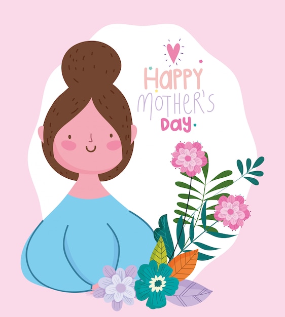 Vector feliz día de la madre, mujer con moño pelo flores ramas decoración