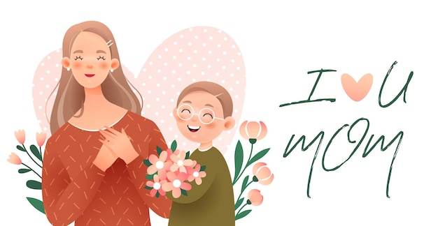 Feliz día de la madre. el niño le da a su madre un ramo de flores.