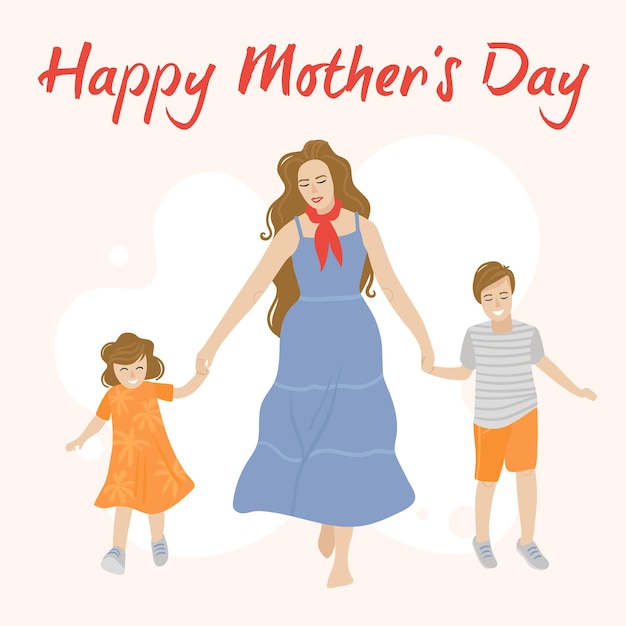 Feliz día de la madre tarjeta de felicitación con mujer blanca y dos niños