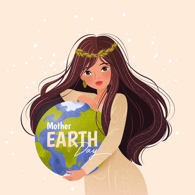 Feliz día de la madre tierra protección del medio ambiente cartel al estilo de dibujos animados con la mujer y el planeta tierra