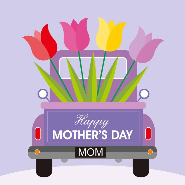Feliz día de la madre con tulipanes en el coche