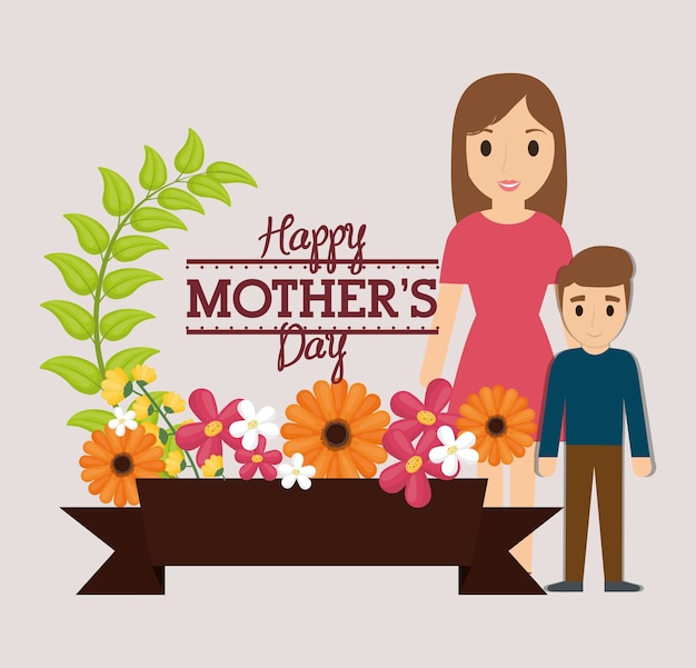 Vector feliz dia de las madres madre e hijo con flores de maceta