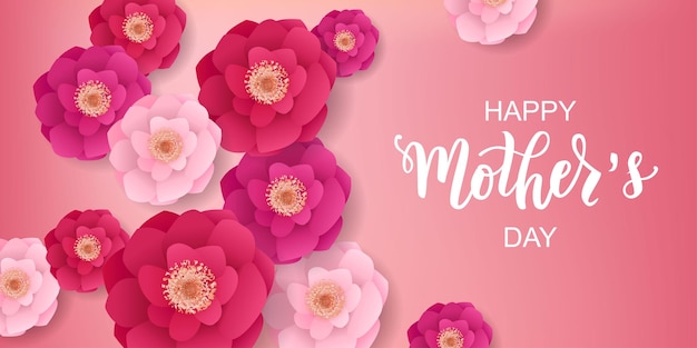 Feliz día de las madres texto de letras a mano con hermosas flores.