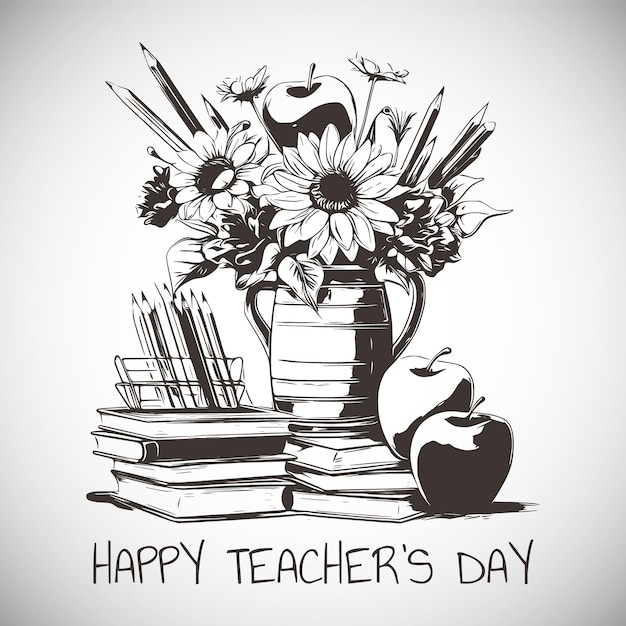 Vector feliz día del maestro boceto con libros de flores lápiz manzana