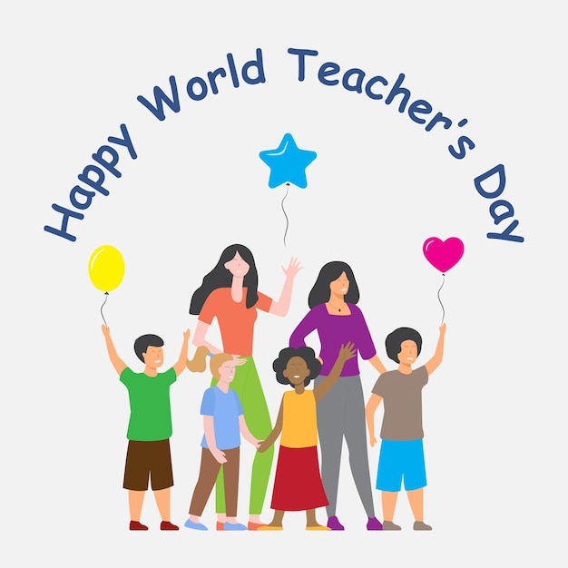 Feliz día del maestro cartel y niños felices con globos con el maestro