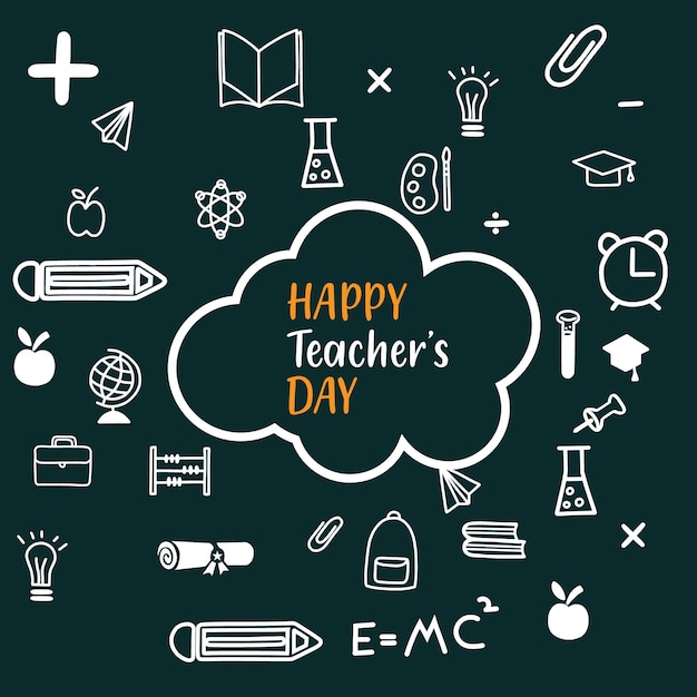 Feliz día del maestro ilustración vectorial con equipo escolar Feliz día del maestro con conjunto de iconos