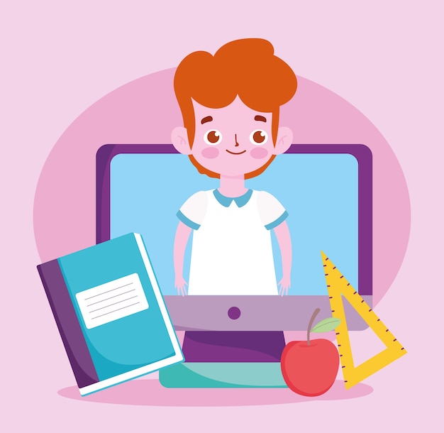 Feliz día del maestro, niño estudiante en computadora de pantalla, libro de manzana y regla