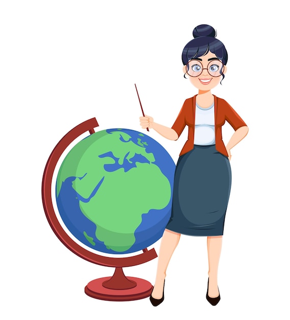 Feliz día del maestro. Personaje de dibujos animados lindo maestra de pie con gran globo mientras lección de geografía. Ilustración vectorial de stock.