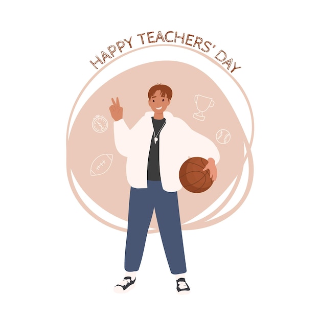 Vector feliz día del maestro, profesor de educación física masculina, entrenador, profesores de colección de varios campos.