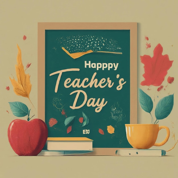 Vector feliz día de los maestros tarjeta de felicitación con suministros escolares y manzana en tablero de madera fondo hap