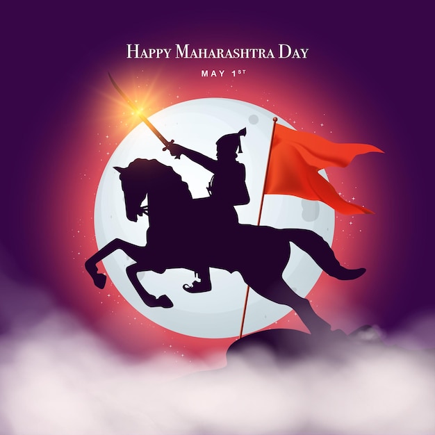 Feliz día de Maharashtra silueta de Chhatrapati Shivaji Maharaj asaltando caballos