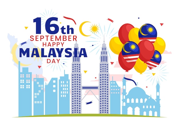 Feliz Día de Malasia Celebración Vector Ilustración el 16 de septiembre con bandera ondeante y torres gemelas