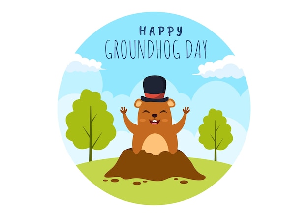 Feliz día de la marmota el 2 de febrero con lindo personaje de marmota e ilustración de fondo de jardín
