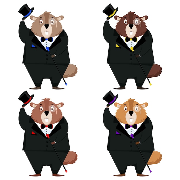 Feliz Día de la Marmota Un conjunto de cuatro marmotas elegantes con una pajarita de sombrero de copa de esmoquin con un bastón en las manos