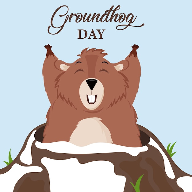 Feliz día de la marmota. Diseñe con un lindo personaje de marmota que sale de un agujero. Ilustración vectorial.