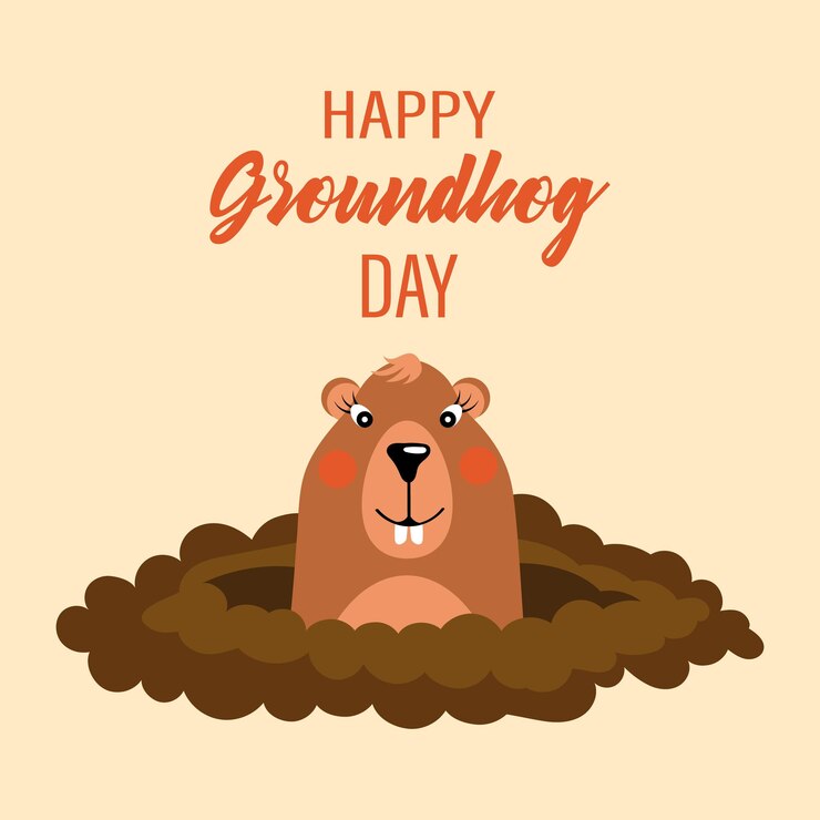 Vector feliz día de la marmota, el divertido personaje de la marmota sale del suelo. pancarta de felicitaciones