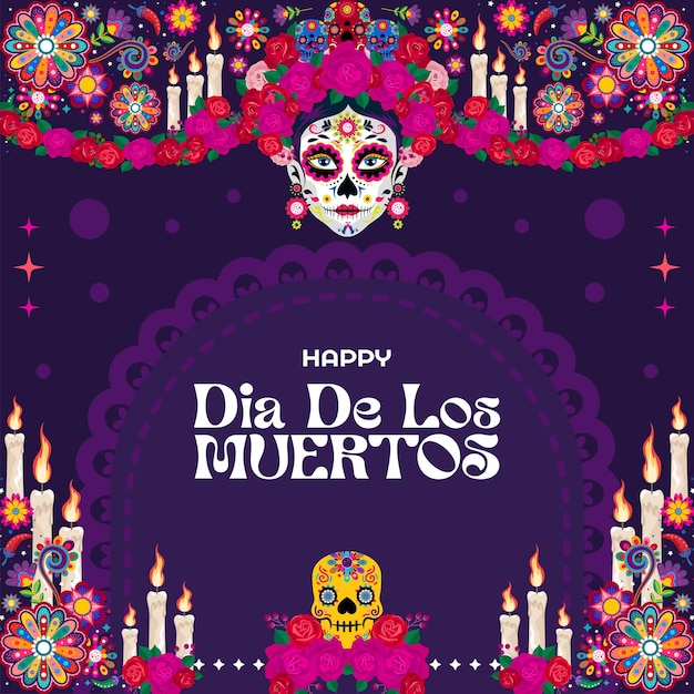 feliz dia de los muertos con corona de flores de caléndula