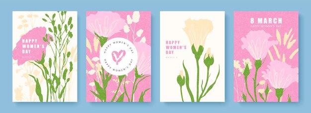 Feliz Día de la Mujer 8 de marzo Conjunto de postales con flores de primavera dibujadas a mano y textura granulada