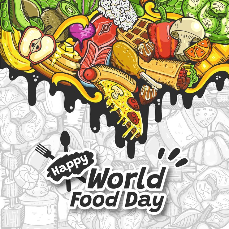 Vector feliz día mundial de la alimentación doodle ilustración