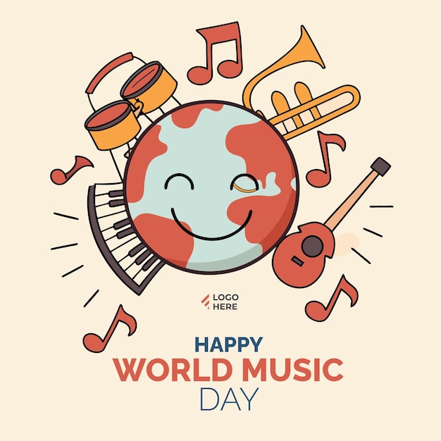 Feliz Día Mundial de la Música con instrumentos musicales y la Tierra