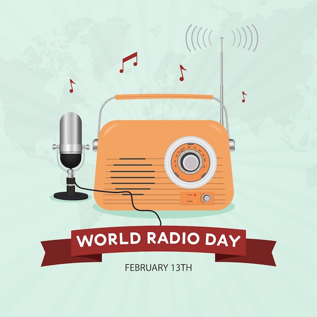 Feliz Día Mundial de la Radio 13 de febrero con radio vintage e ilustración de micrófono