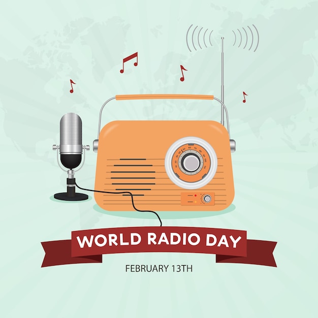 Feliz día mundial de la radio 13 de febrero con radio vintage e ilustración de micrófono