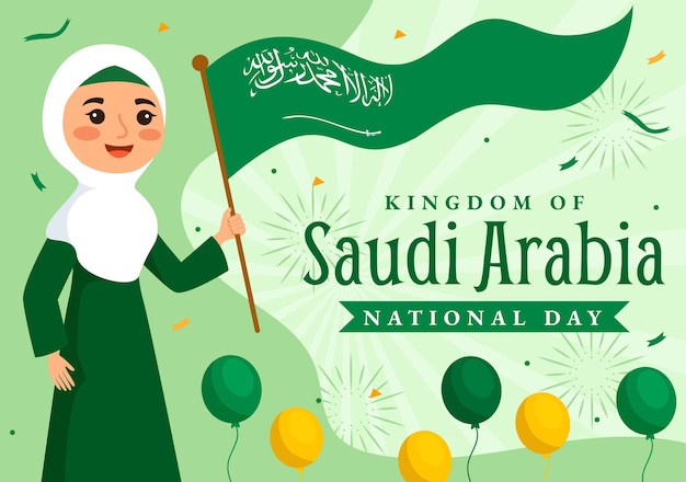 Feliz Día Nacional de Arabia Saudita Vector Ilustración el 23 de septiembre con fondo de bandera ondeante